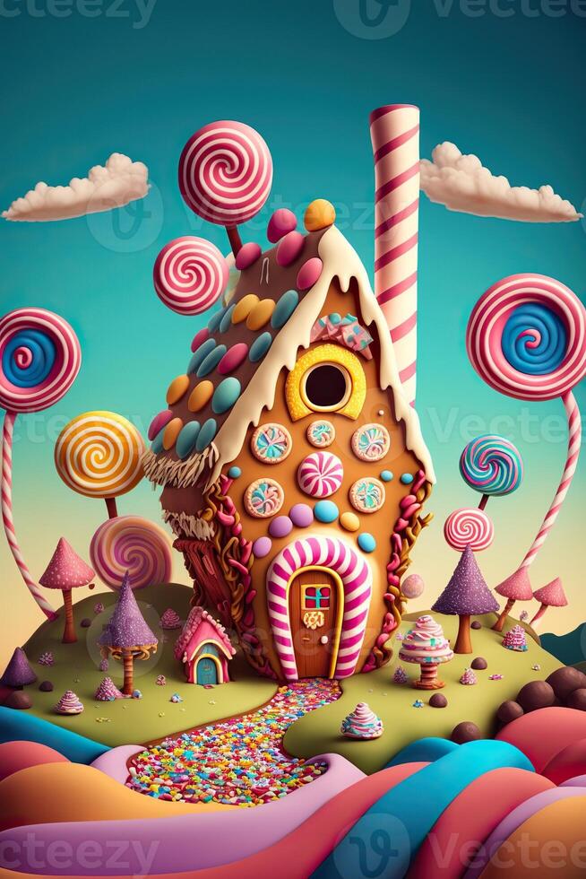 generativo ai ilustración de un dulce y mágico mundo con caramelo tierra paisaje y pan de jengibre fantasía casa foto