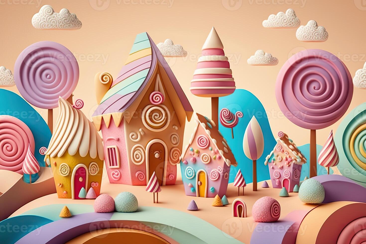 illustration of a sweet and magical world with candy land landscape and gingerbread fantasy house photo