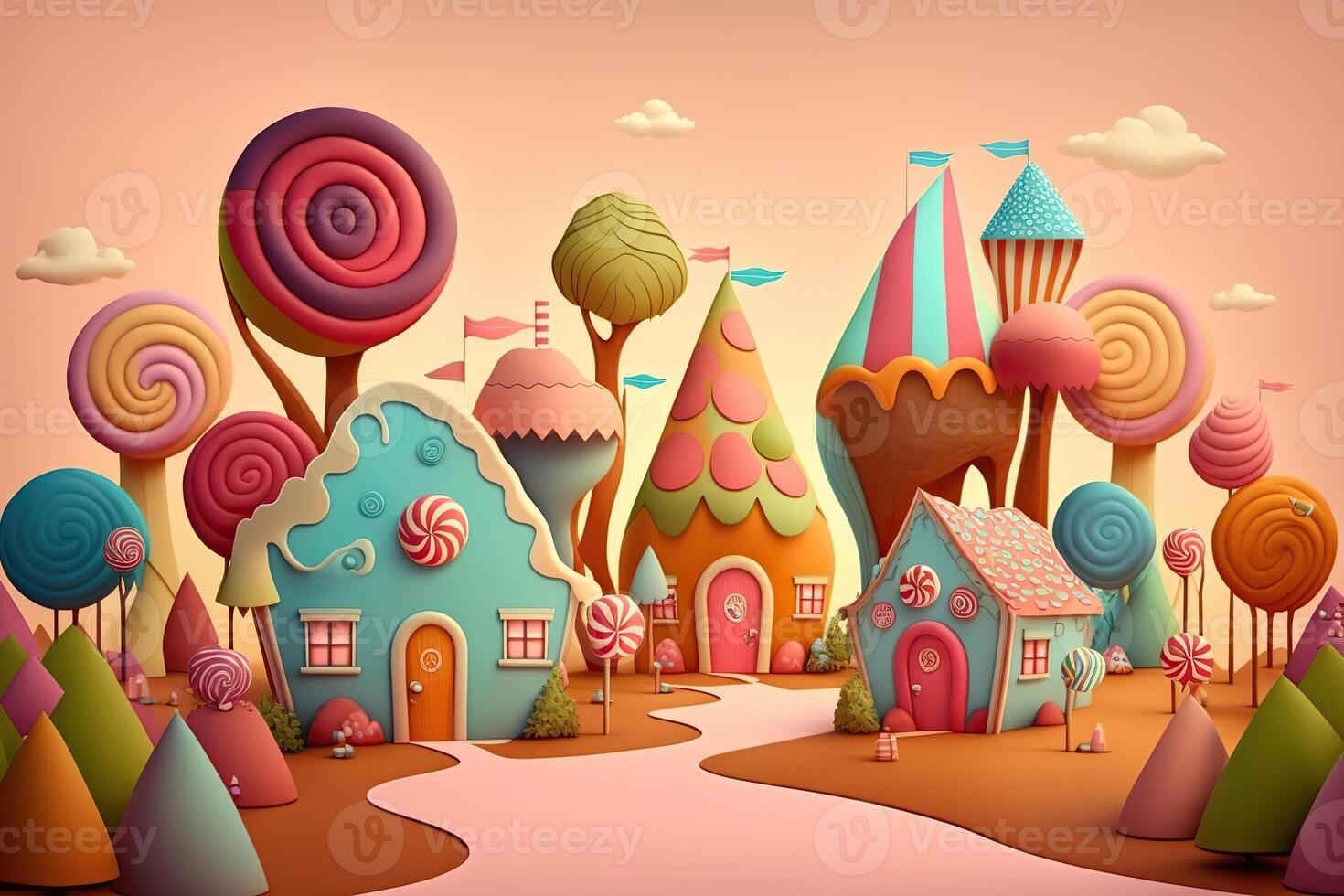 illustration of a sweet and magical world with candy land landscape and gingerbread fantasy house photo