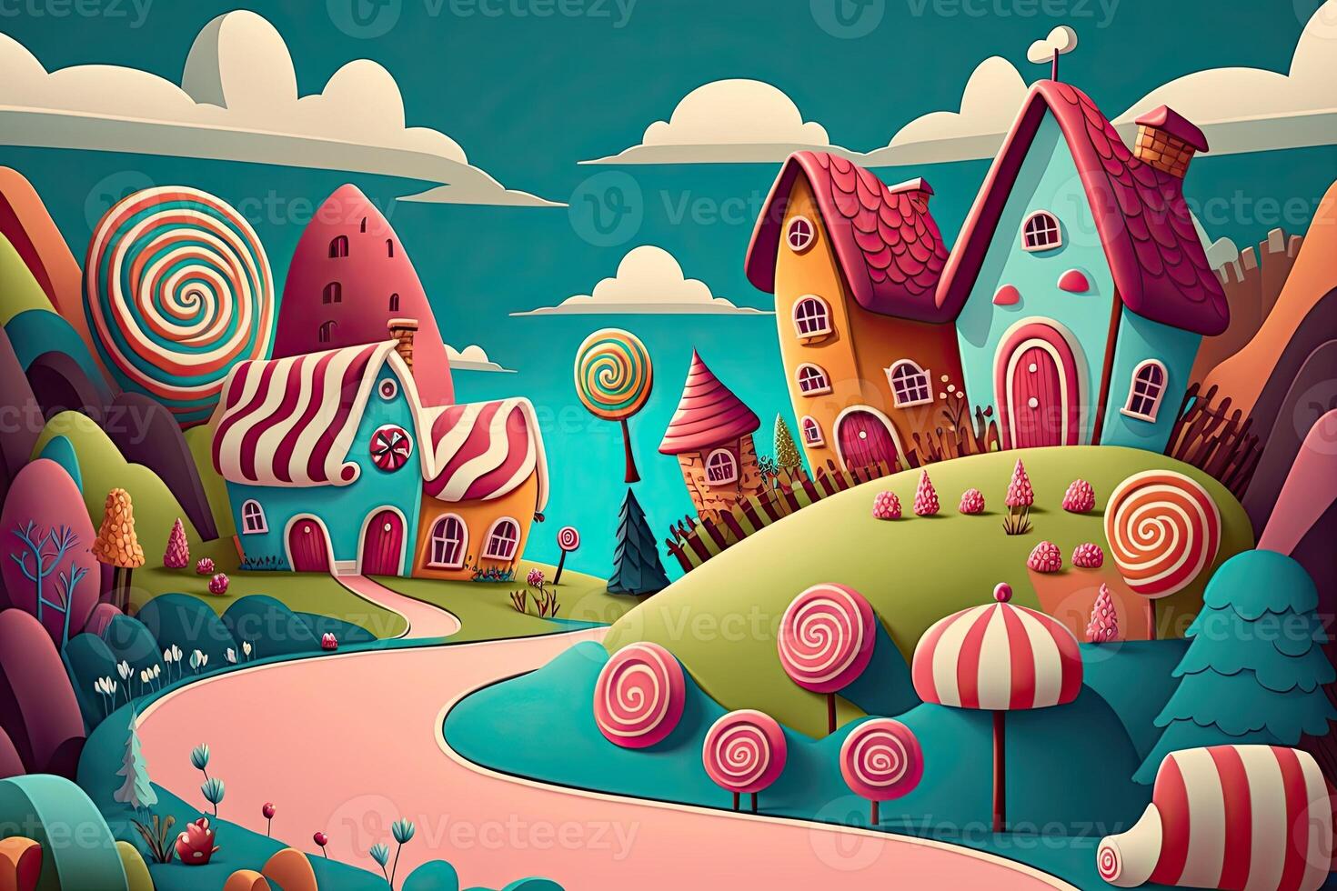 illustration of a sweet and magical world with candy land landscape and gingerbread fantasy house photo