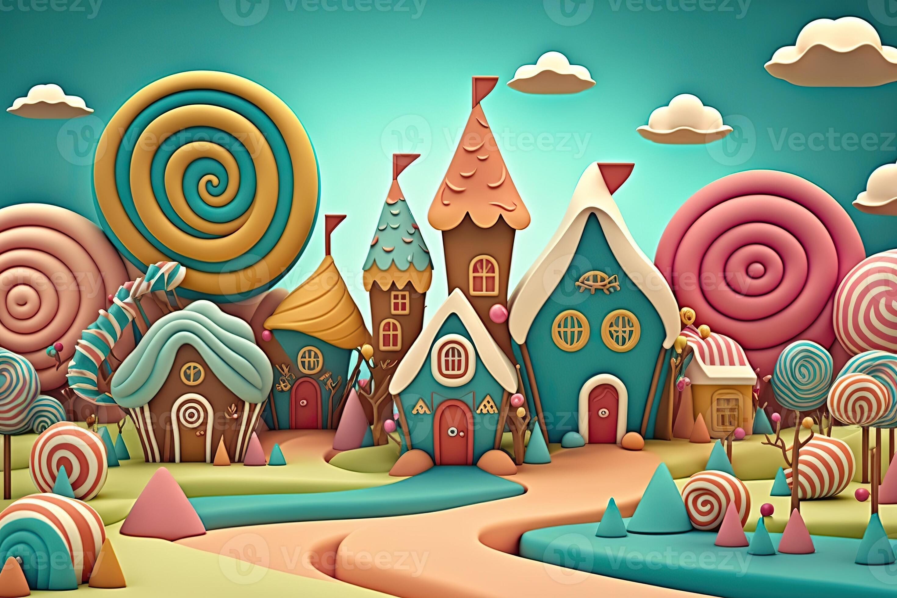 illustration of a sweet and magical world with candy land landscape and