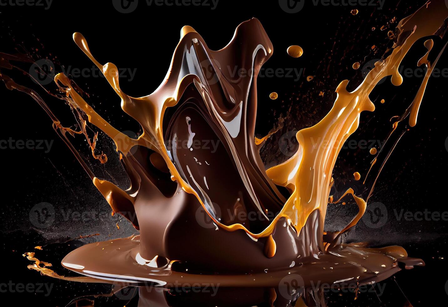 illustration of hot melted dark chocolate splashing, black background photo