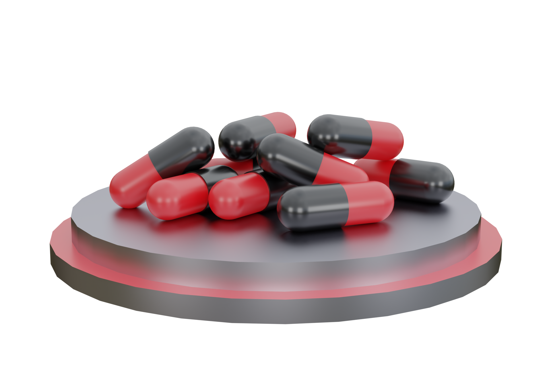 Black and Red Medicine Pills. Pill tablet capsule on metallic podium