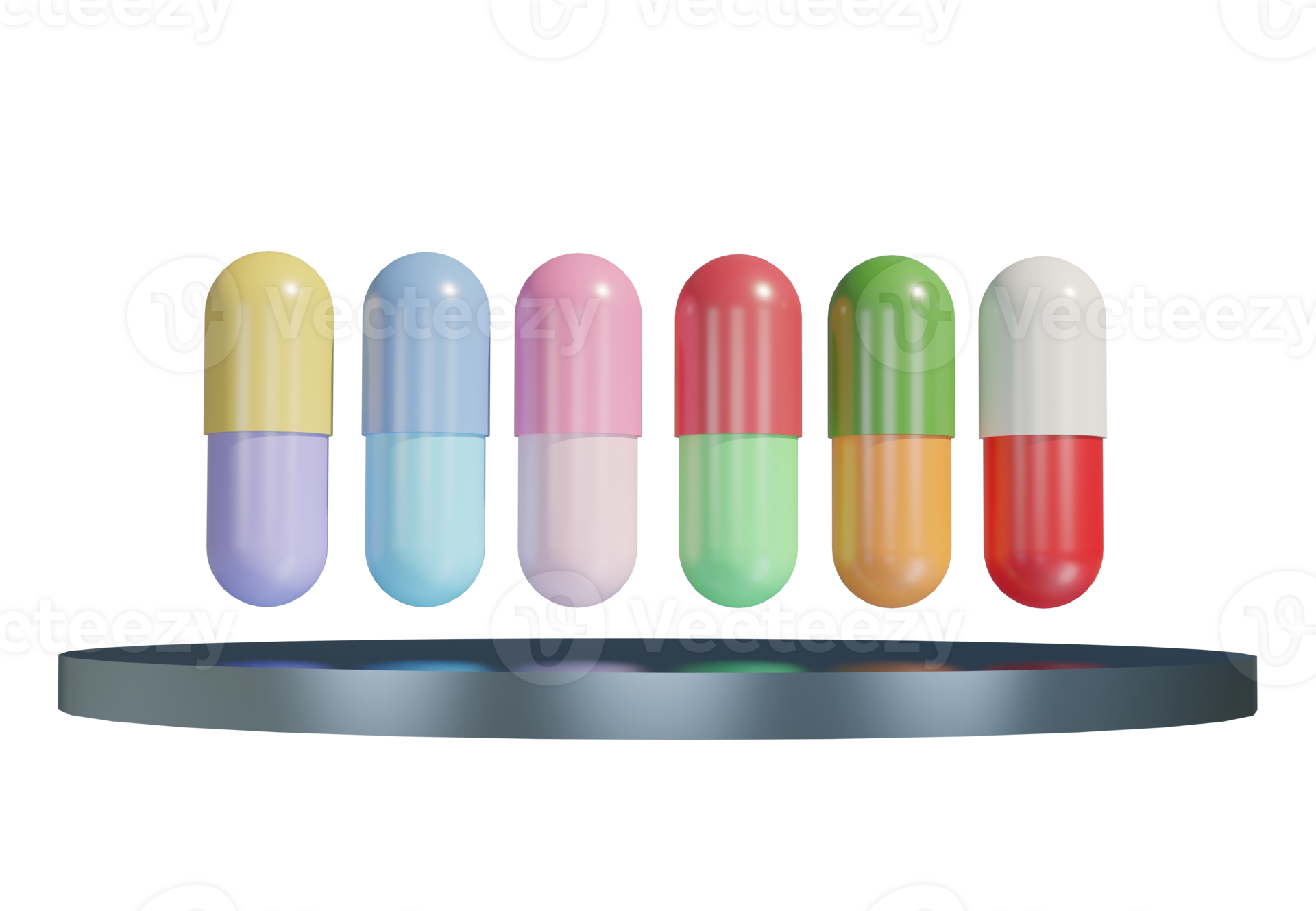 Medicine Pills in several colors. Pill tablet capsule on podium. 3D
