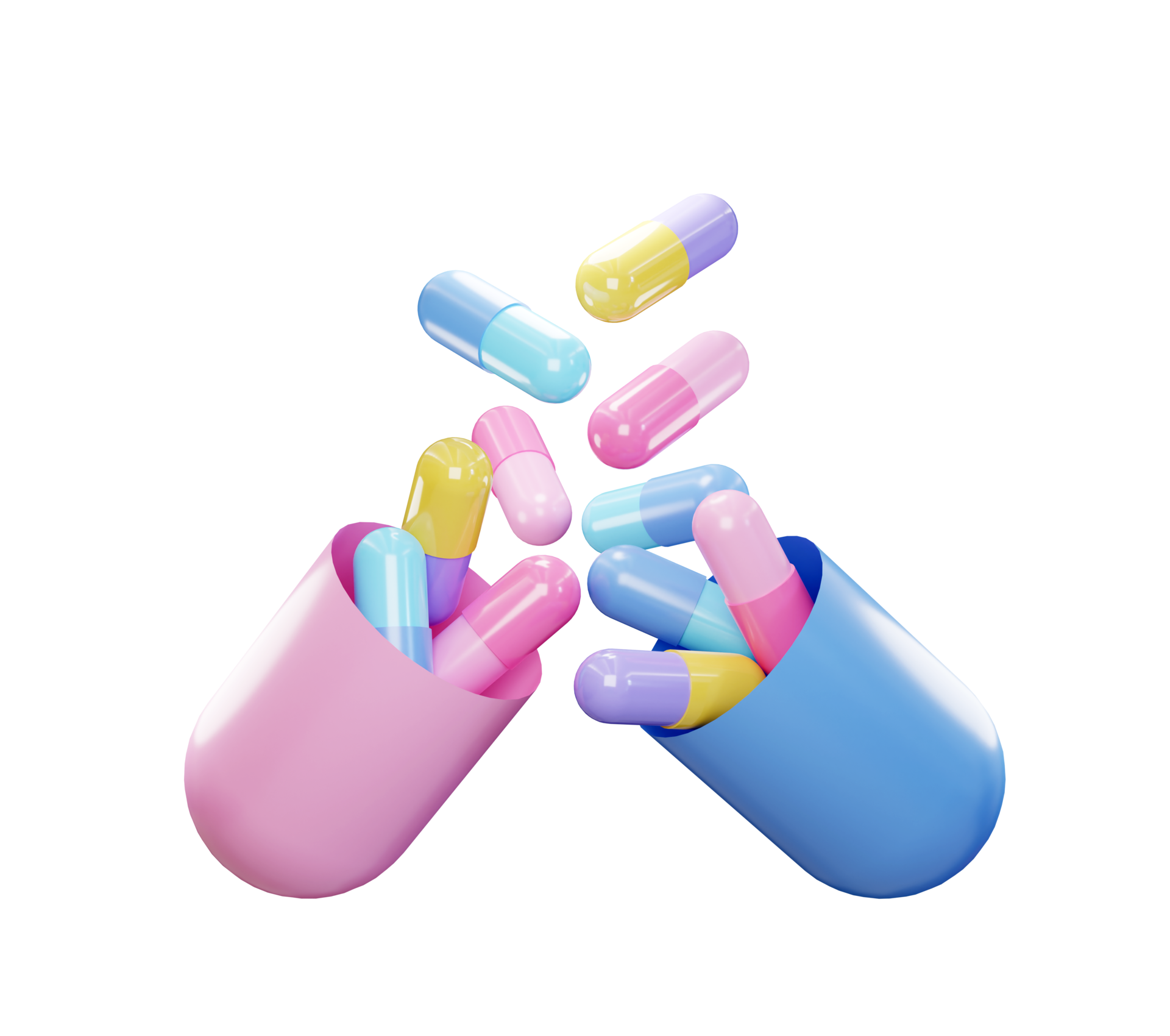 Pastel color Medicine Pills. Pills flying up out of tablet capsule. 3D