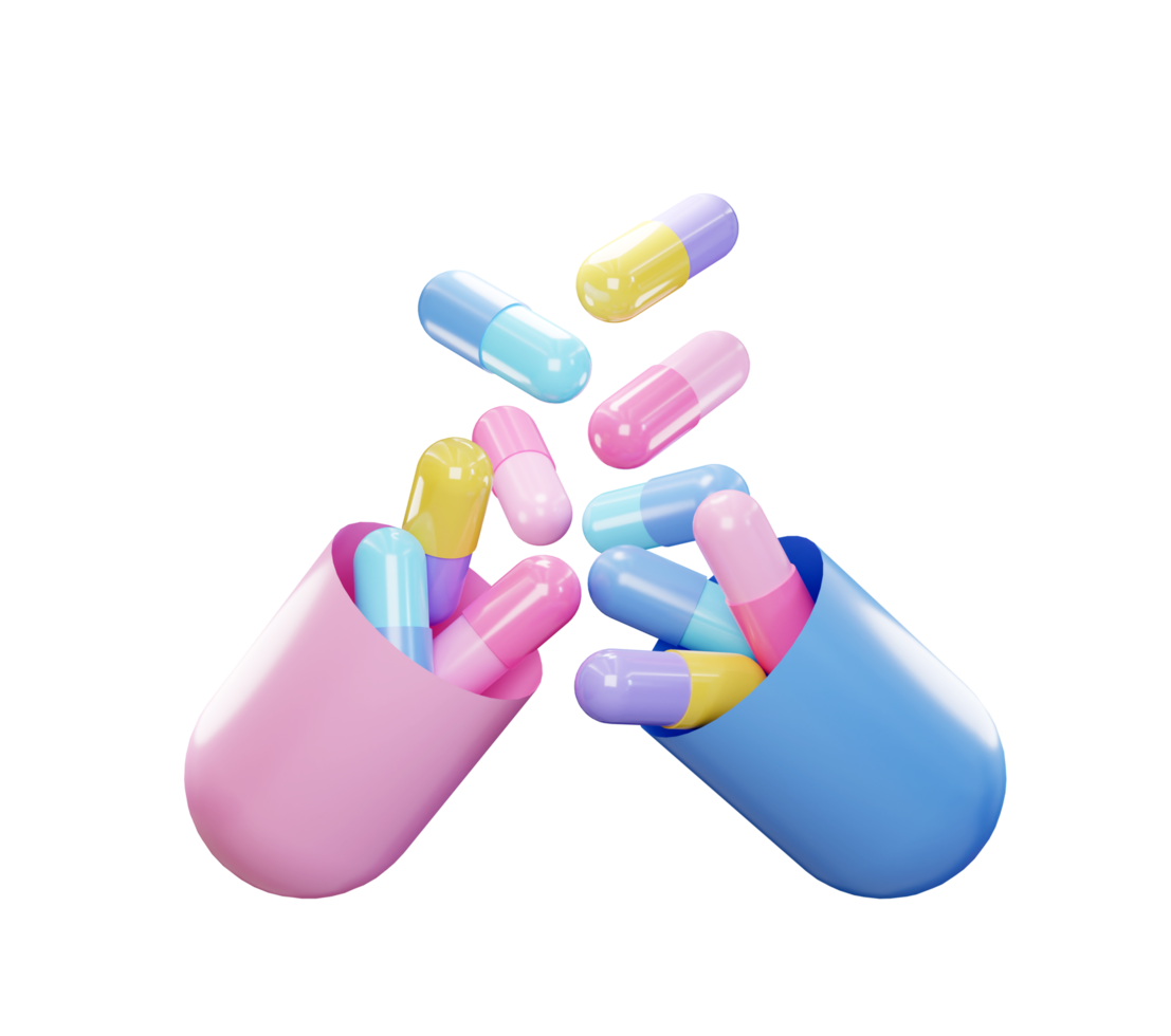 pastel kleur geneeskunde pillen. pillen vliegend omhoog uit van tablet capsule. 3d weergave. apotheek concept. verdovende middelen bewustzijn. png