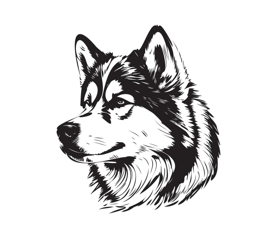 Alaskan Malamute Face, Silhouettes Dog Face, black and white Alaskan Malamute vector
