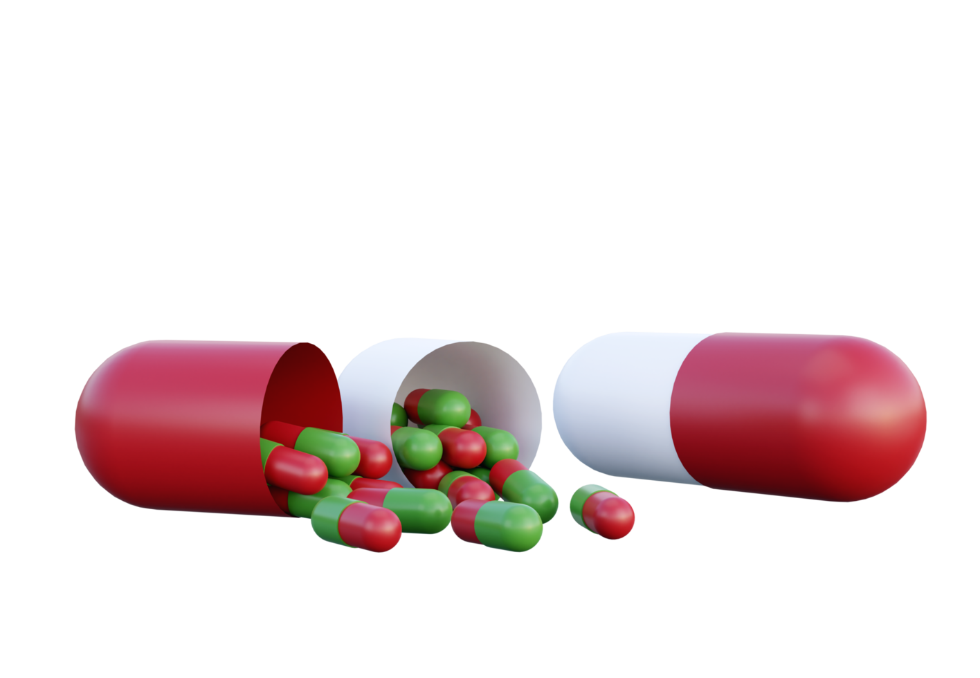 Red and Green Medicine Pills. Tiny pills spill out of big fallen tablet capsule. 3D Rendering. Pharmacy and Healthcare concept. Drugs awareness. png