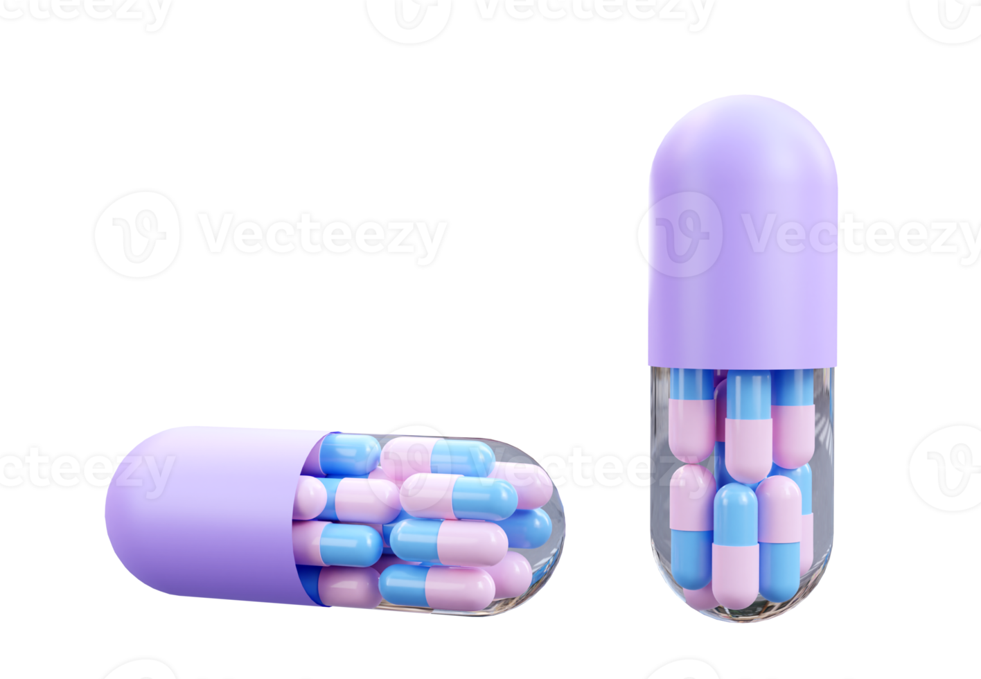 Pastel color Medicine Pills. Small pink and blue pills inside purple big tablet capsule. 3D Rendering. Pharmacy and Healthcare concept. Drugs awareness. png