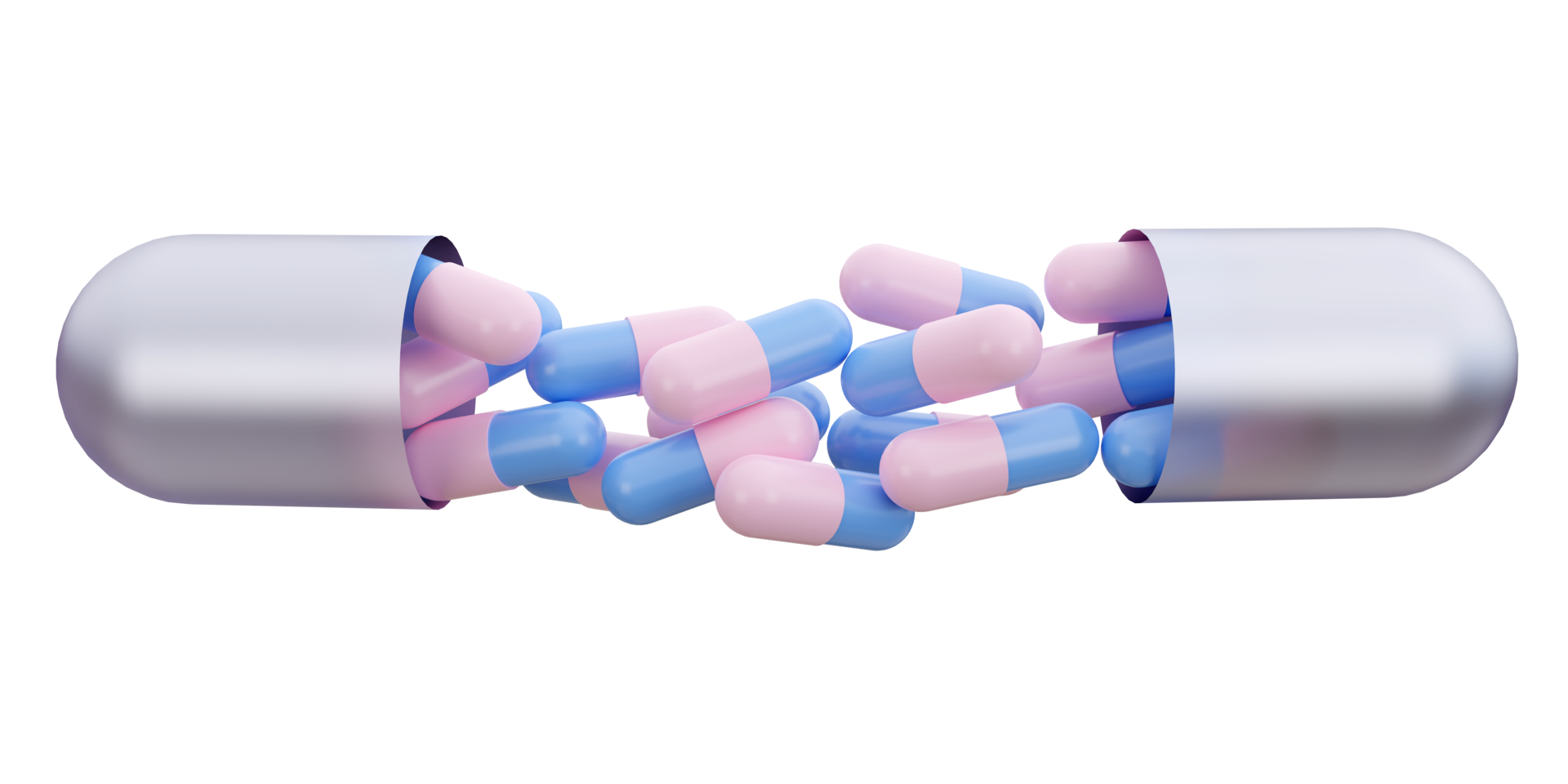 Pastel color Medicine Pills. Blue and pink pills flying out of big tablet capsule. 3D Rendering. Pharmacy and Healthcare concept. Drugs awareness. png