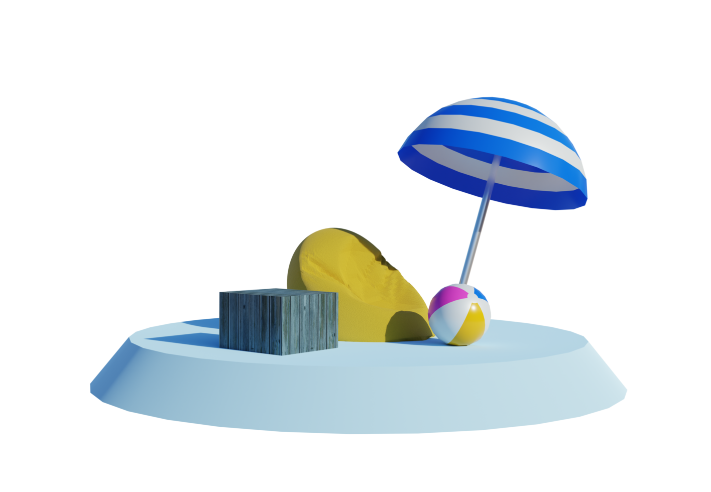 Beach vacation concept including bean bag, table, ball, and beach umbrella. 3D Rendering. png