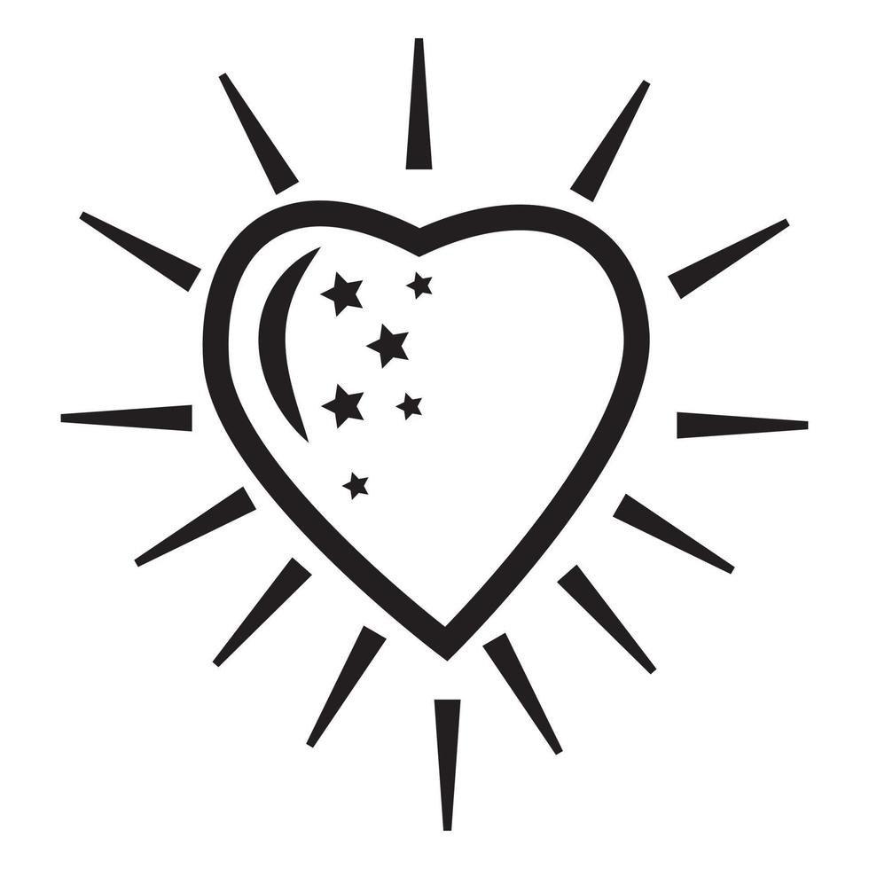 heart sign with rays black outline, vector isolated illustration in doodle style