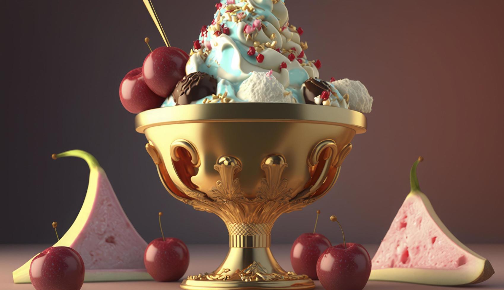 ice cream sundae, delicious, glistening, cherries, marshmallows, octane render, Generate Ai photo
