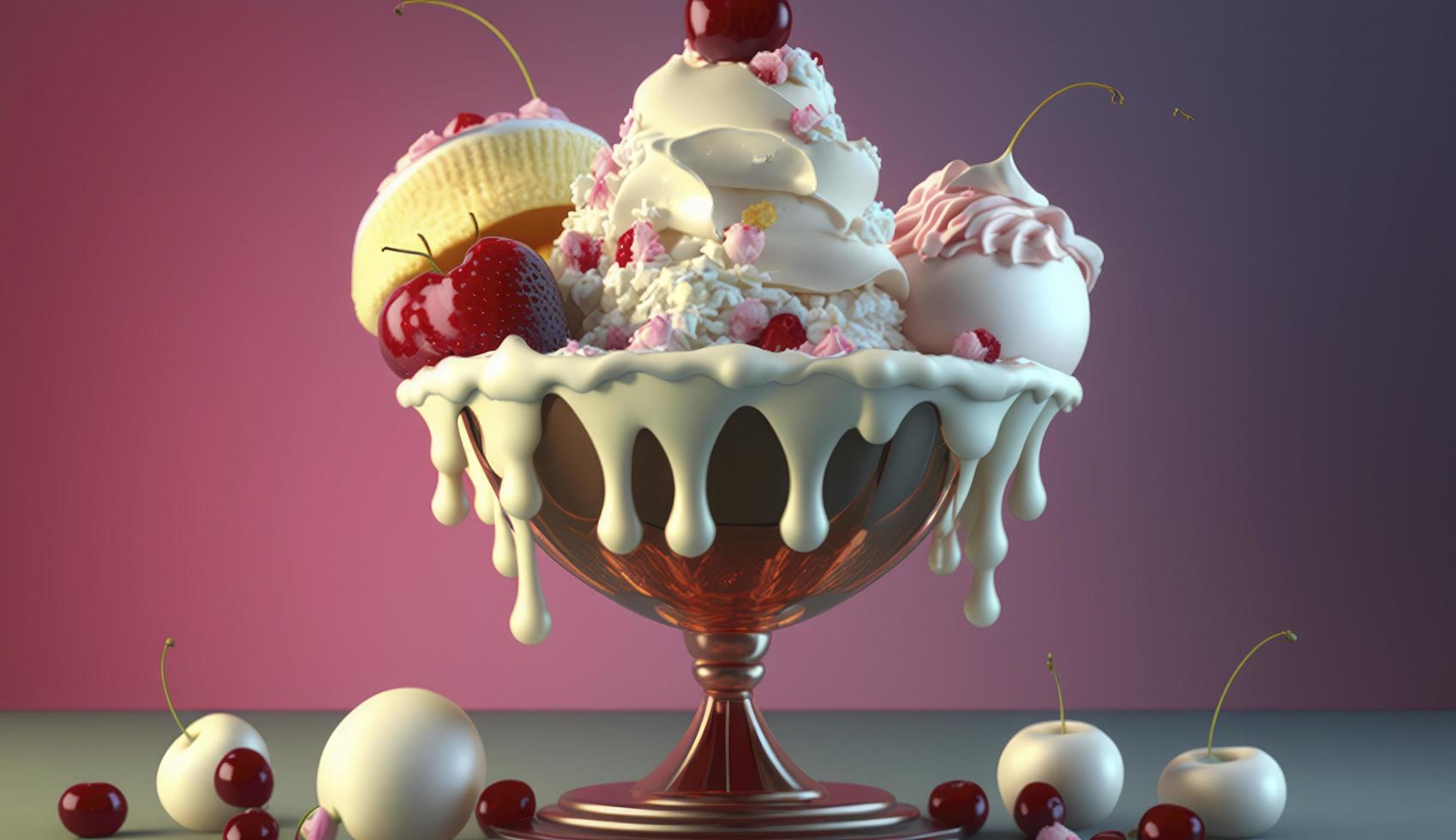 ice cream sundae, delicious, glistening, cherries, marshmallows, octane render, Generate Ai photo