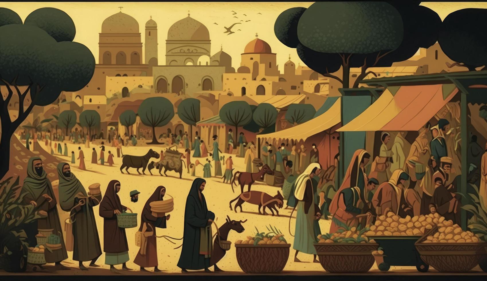The Silk Road, 500 AD  A bustling market scene along the Silk Road, with merchants and travelers haggling over spices, textiles, and exotic goods.  Generate Ai photo
