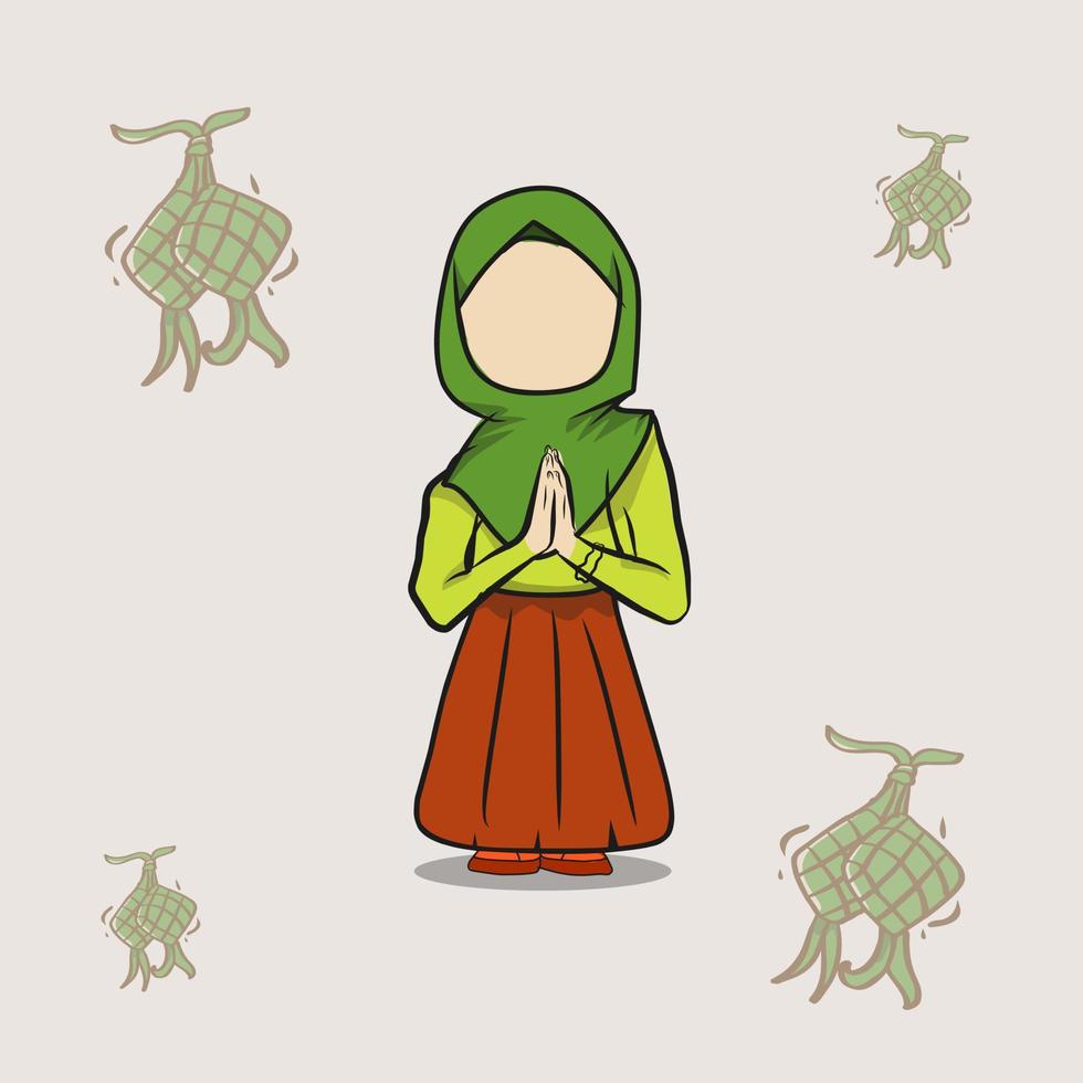 saludo tarjeta eid Mubarak con niña plano diseño personaje. vector