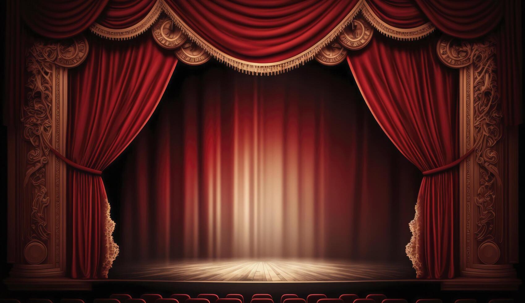 Glorious red curtain above empty theatre stage. Postproducted digital illustration. photo