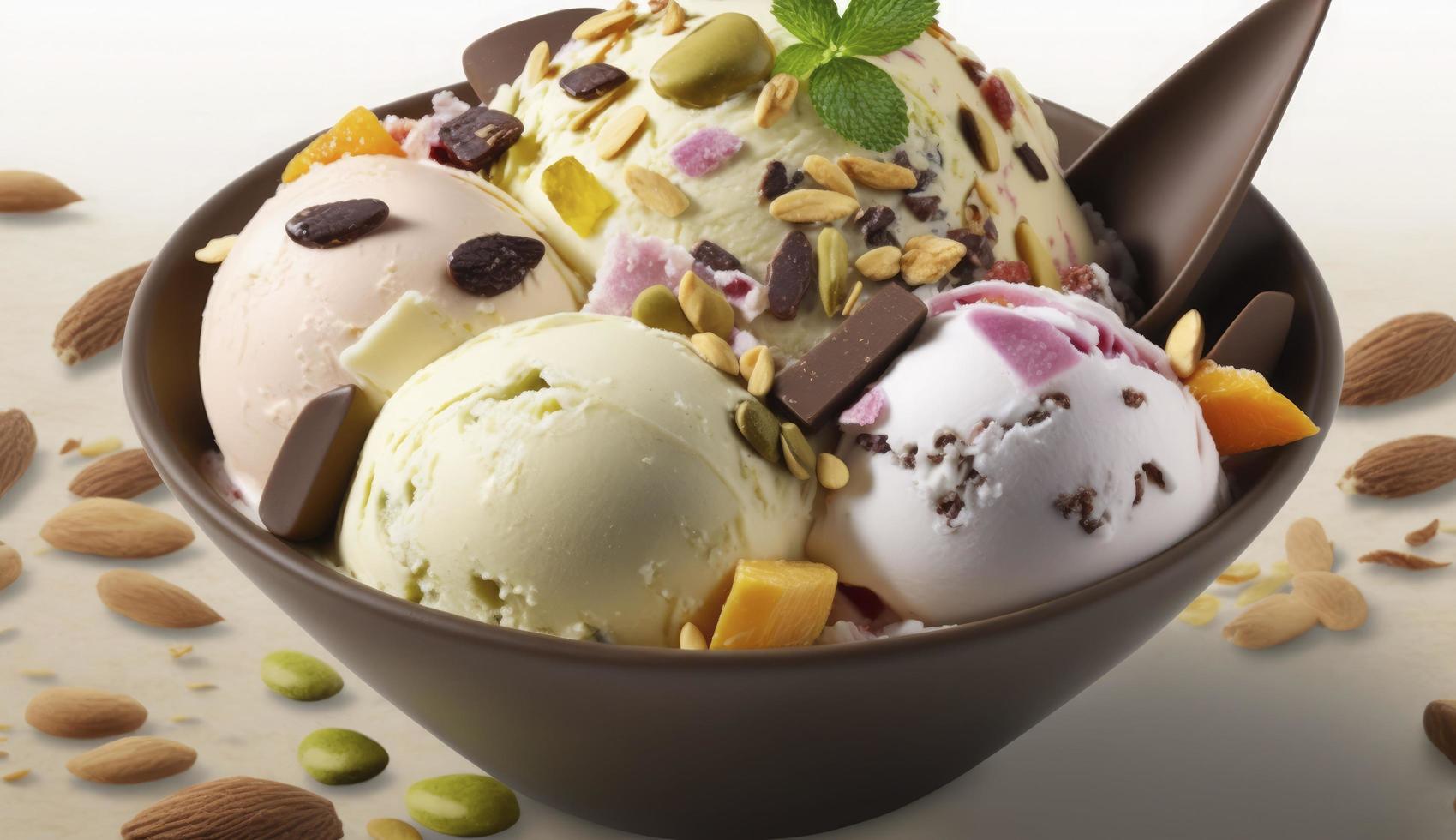 cold ice cream topped with mulitple fine chopped dry fruits, Generate Ai photo