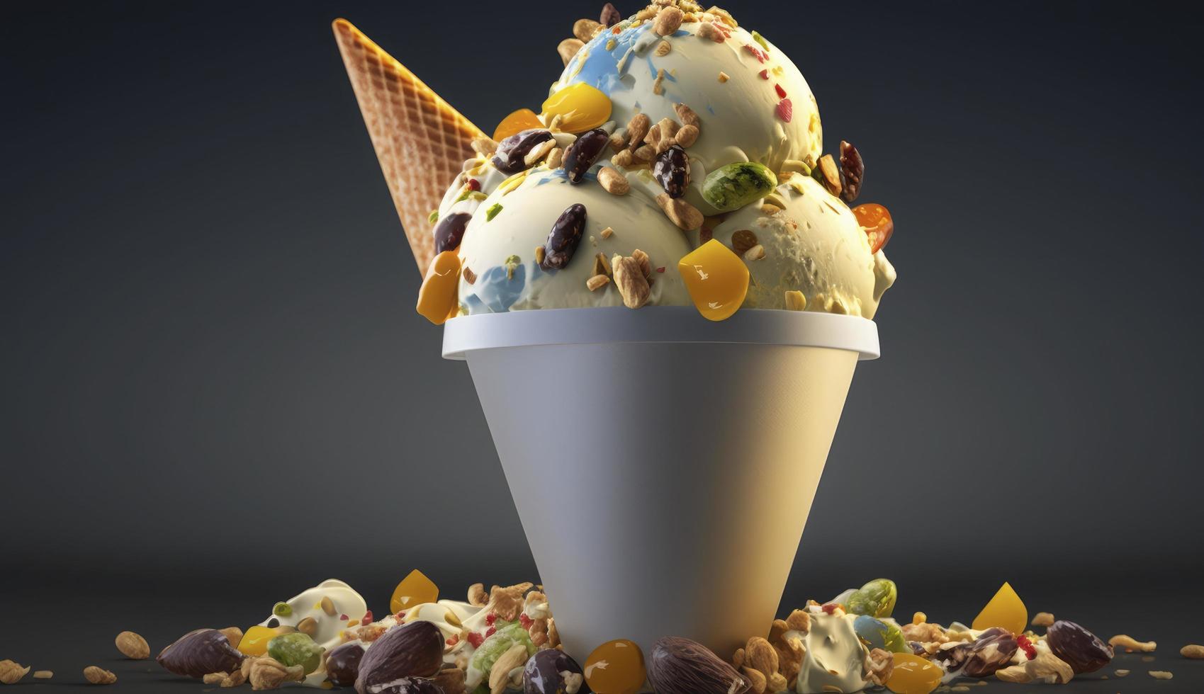 cold ice cream topped with mulitple fine chopped dry fruits, Generate Ai photo