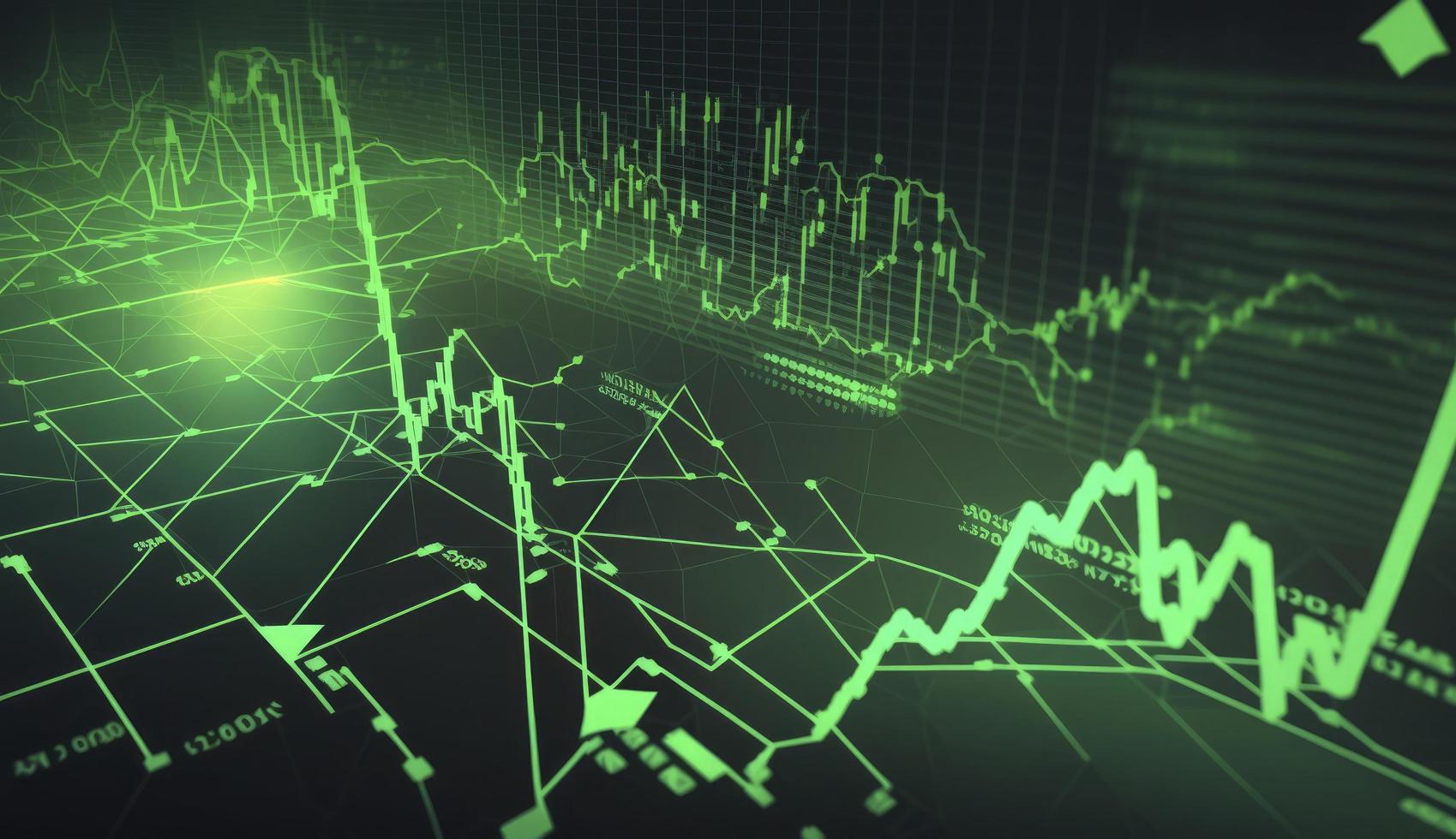 Stock market trading graph in green color as economy 3D illustration background. Trading trends and economic development. photo