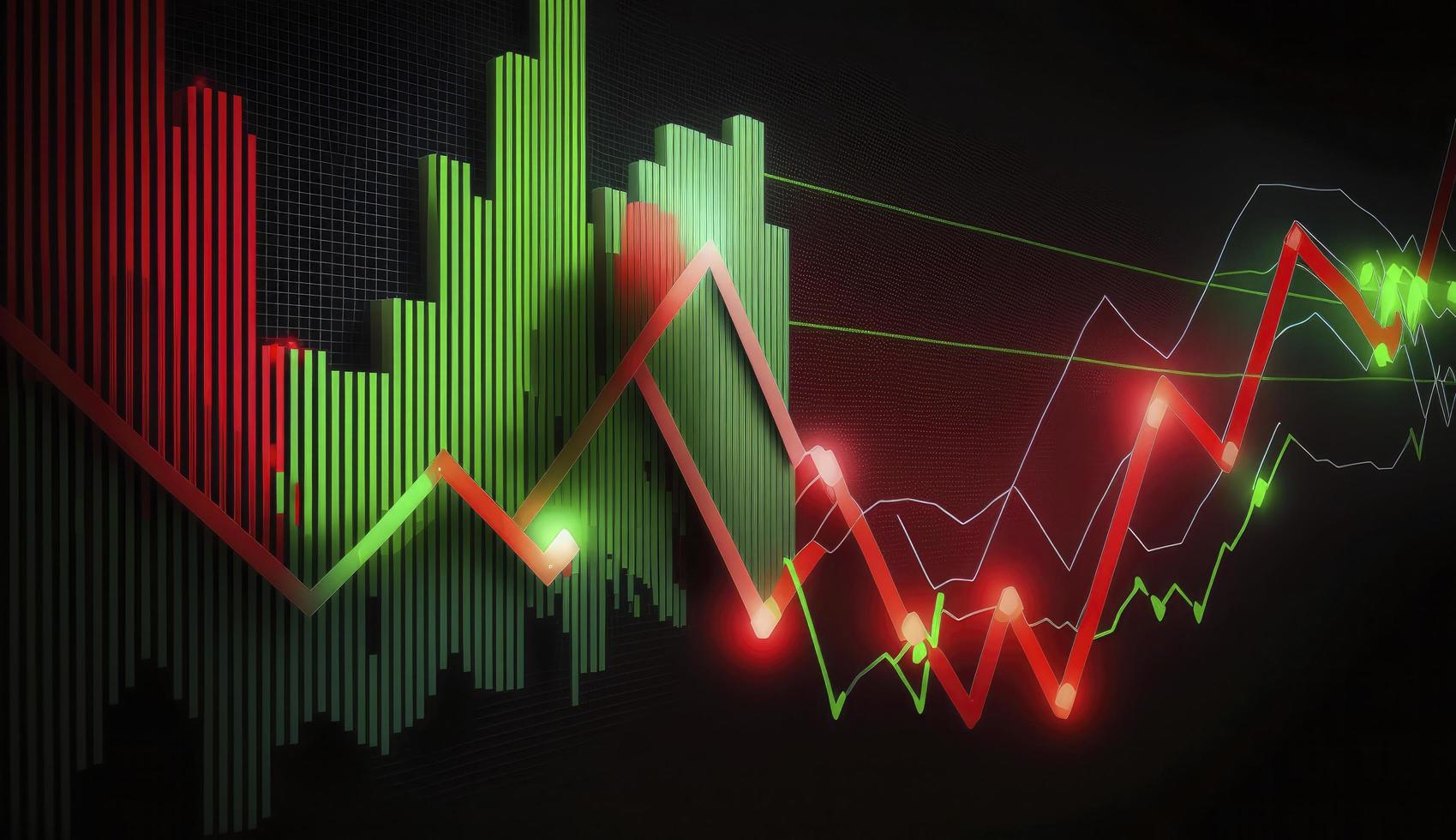 Stock market trading graph in red and green color as economy 3D illustration background. Trading trends and economic development. photo