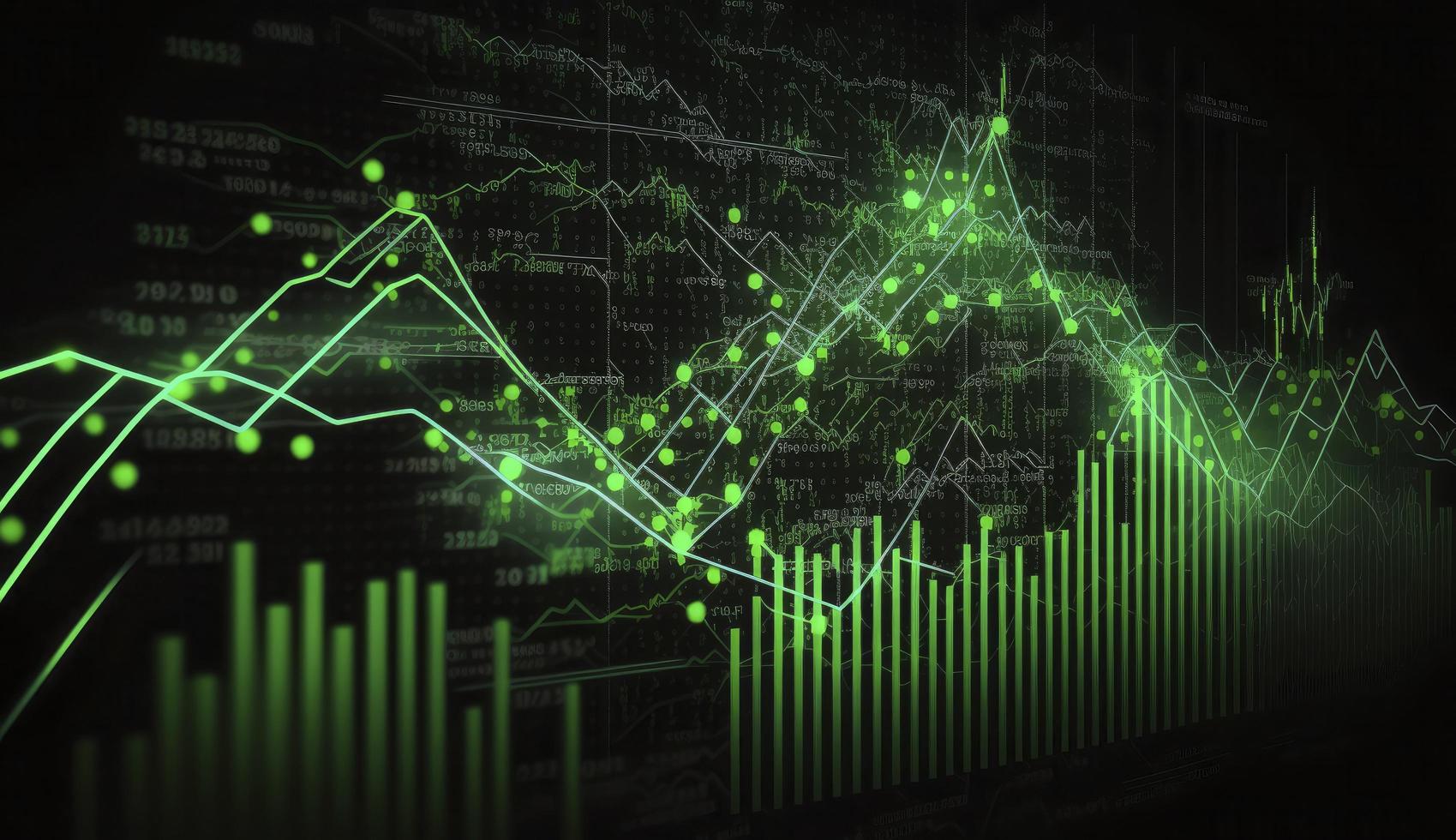 Stock market trading graph in green color as economy 3D illustration background. Trading trends and economic development. photo