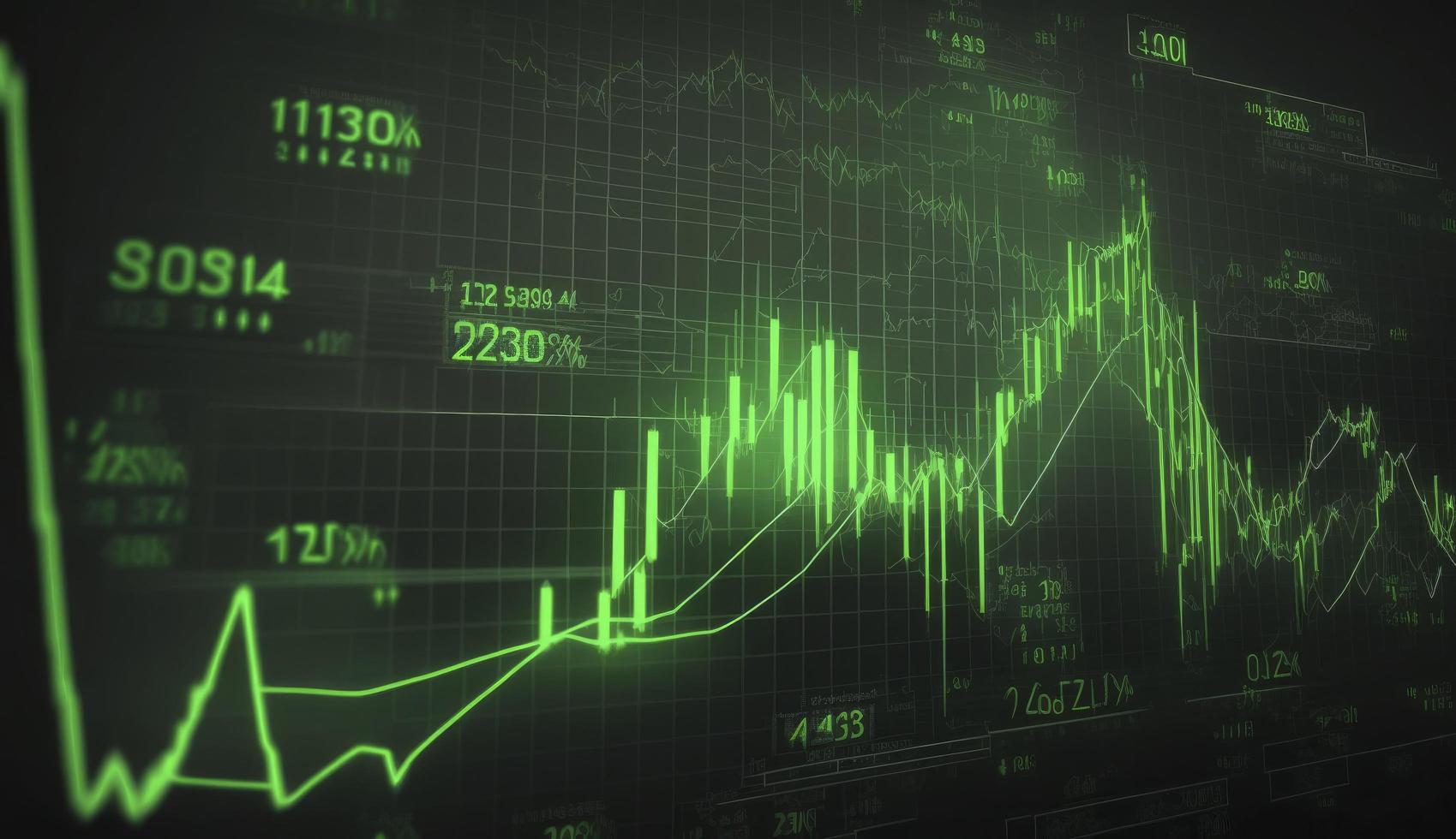 Stock market trading graph in green color as economy 3D illustration background. Trading trends and economic development. photo