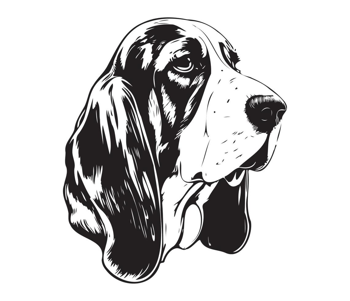 Basset Hound Face, Silhouettes Dog Face, black and white Basset Hound vector