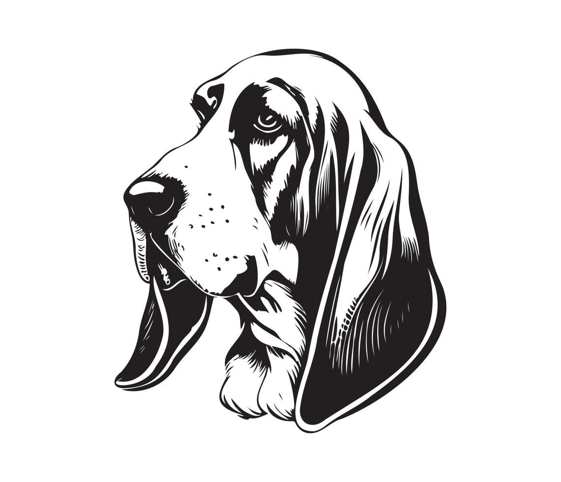 Basset Hound Face, Silhouettes Dog Face, black and white Basset Hound vector