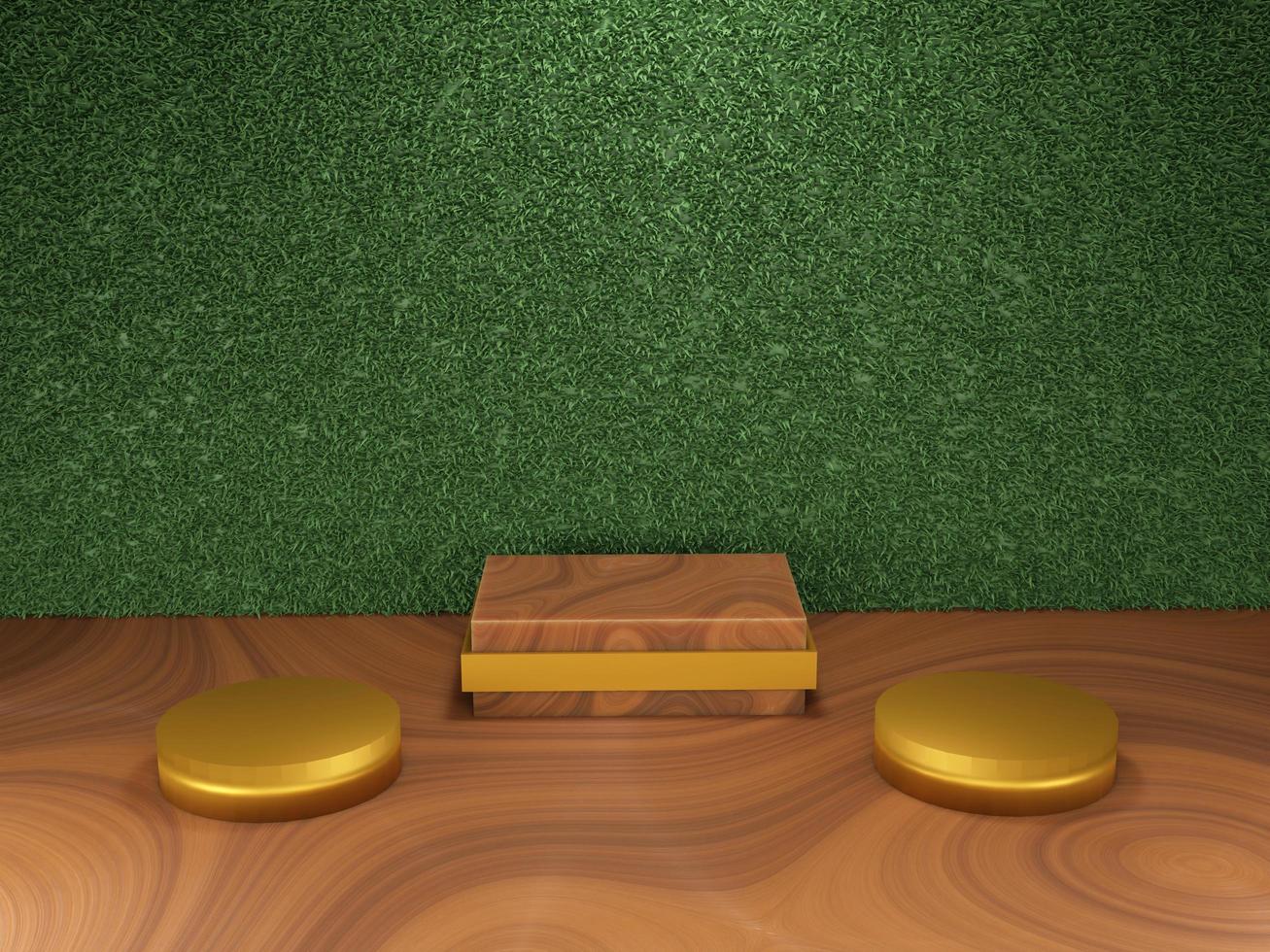 Modern Pedestal on wooden floor with artificial grass wall. Minimal scene for product showcase or skincare advertising. 3D Rendering. photo