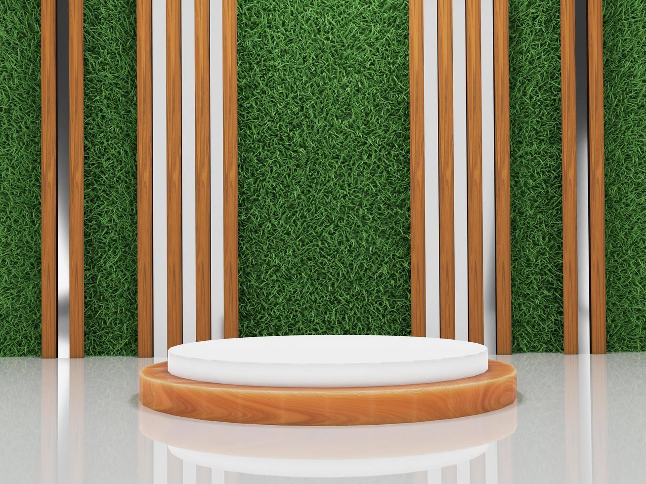 Wooden Podium with modern design artificial grass wall. Minimal and luxury scene for product showcase or skincare advertising. 3D Rendering. photo