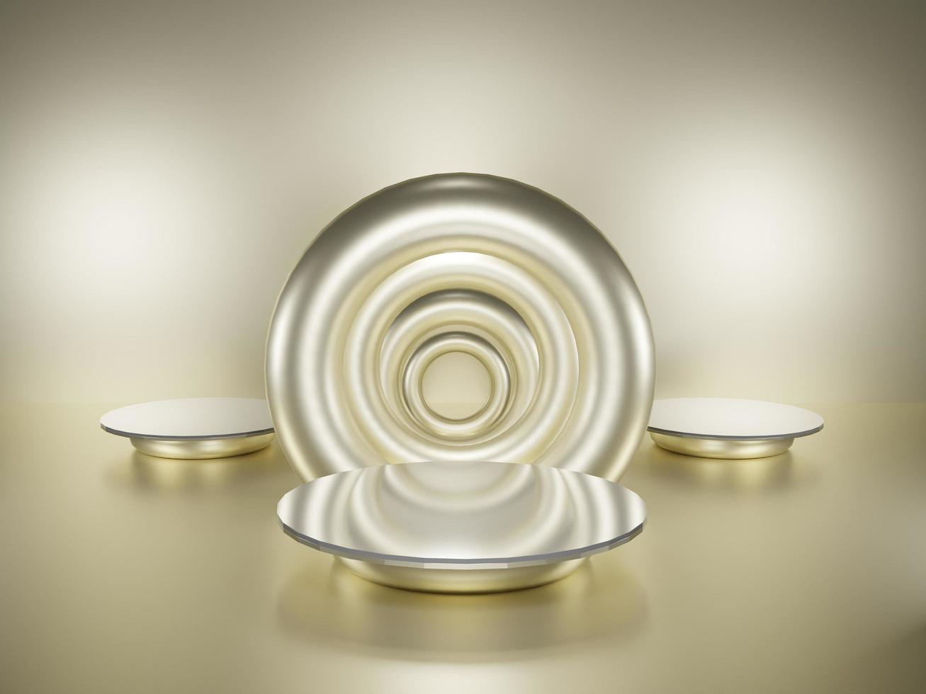 Modern Gold Metallic Pedestal. Podium with circle objects. Display scene stage platform showcase stand, product, cosmetic advertising and presentation, cosmetic. 3D rendering photo