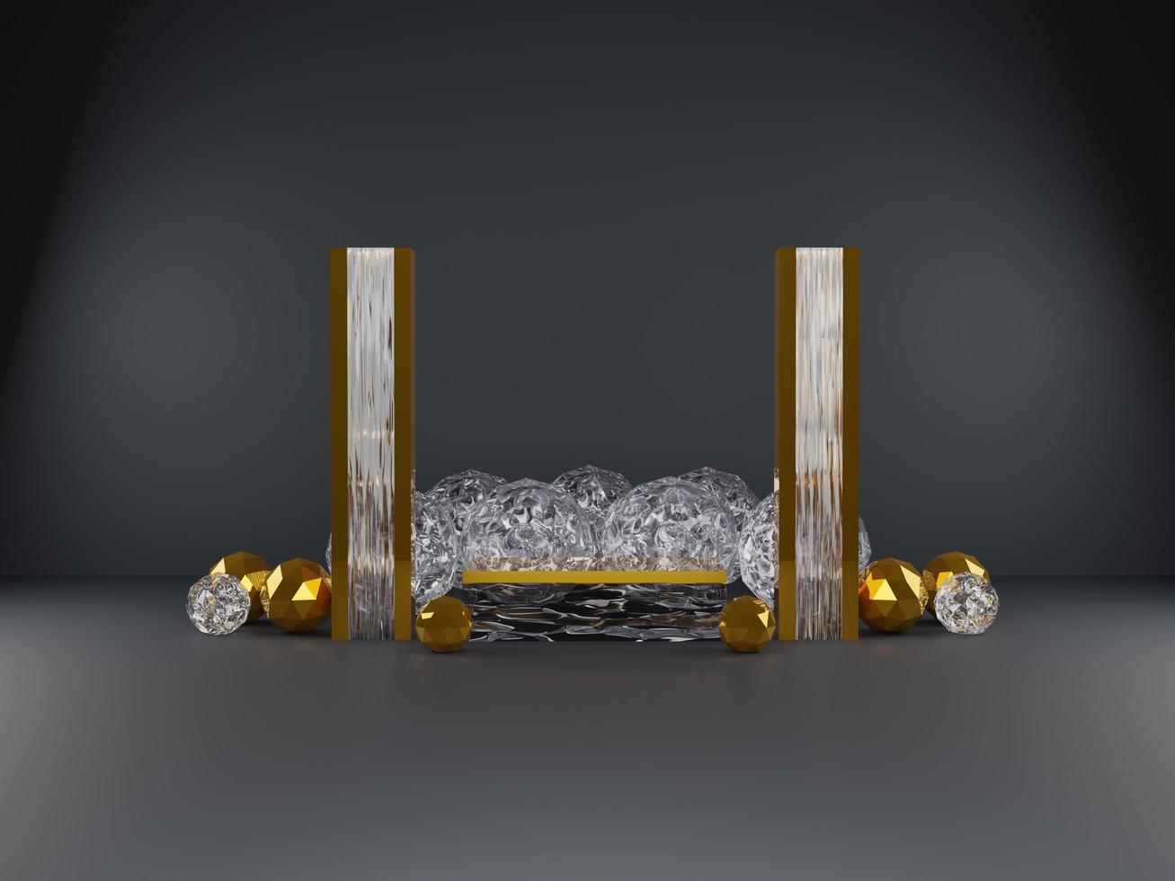 Glass Podium with gold spherical objects. Modern Crystal Pedestal. Display scene stage platform showcase stand for products, cosmetic or skincare advertising and for presentation. 3D rendering. photo