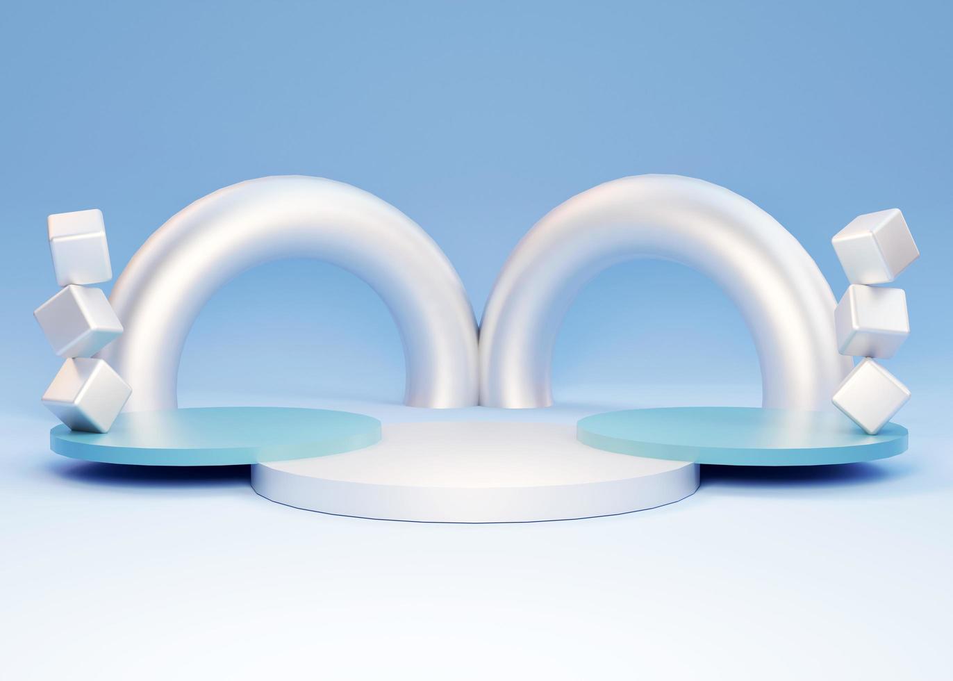 Podium with silver torus objects. Stand to show products. Metallic grey stage showcase with modern scene platform for presentation. Pedestal display with shiny rings. 3D rendering. photo