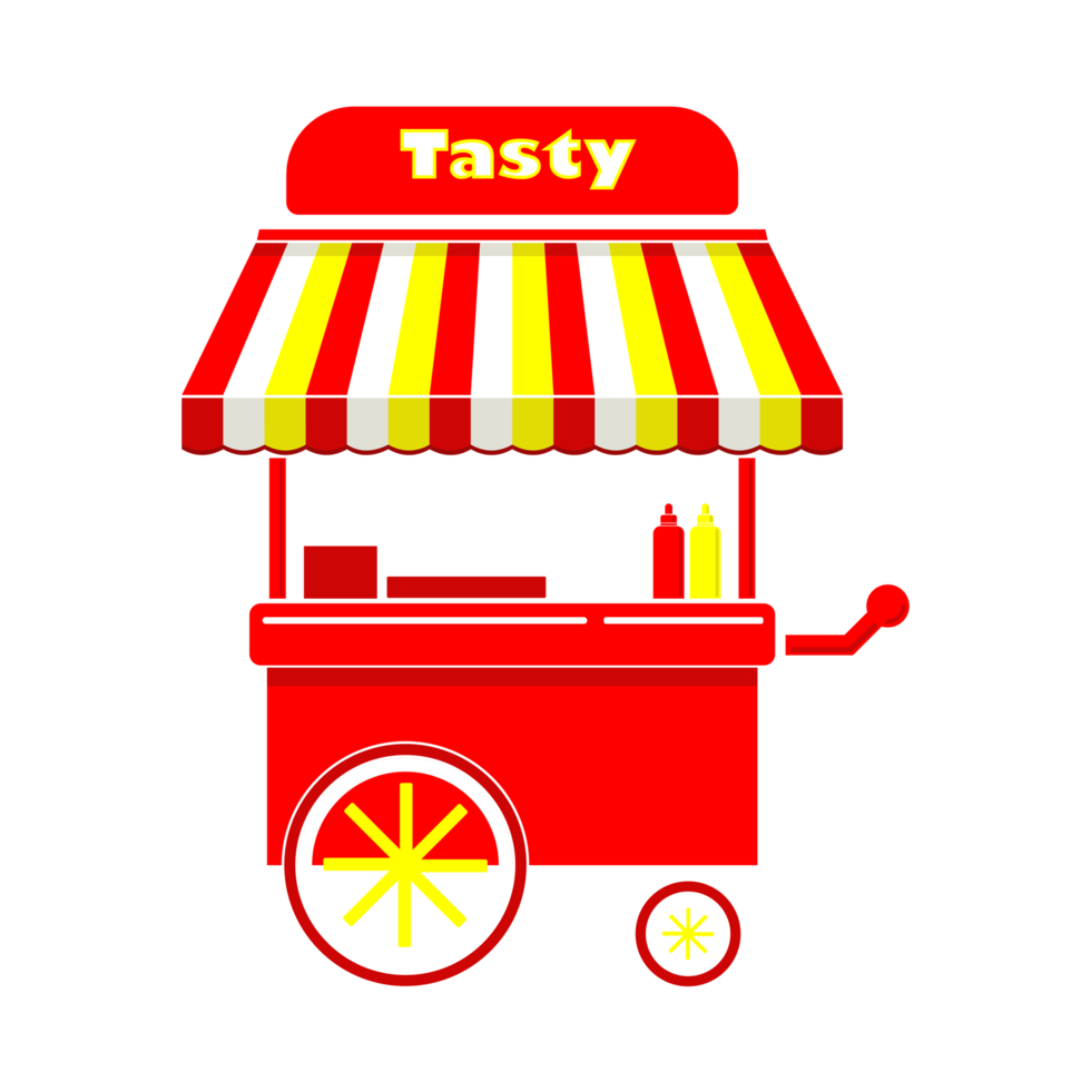 A roaming food cart with a bright orange shade and colorful wheels png