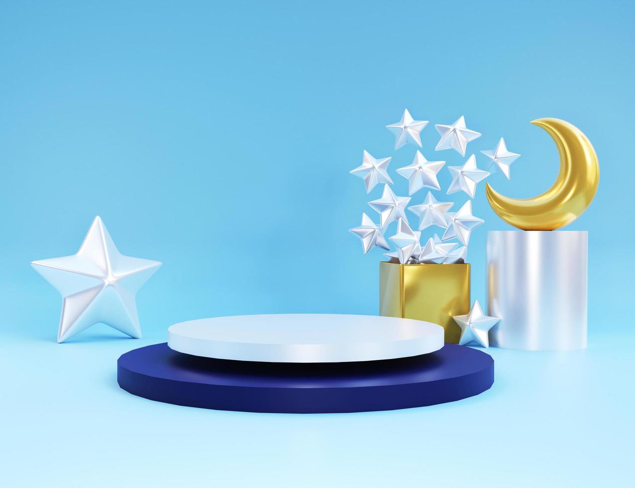 Silver podium with crescent moon and full of stars. Stand to show products. Stage showcase with modern scene platform for presentation. Pedestal display. 3D rendering. photo