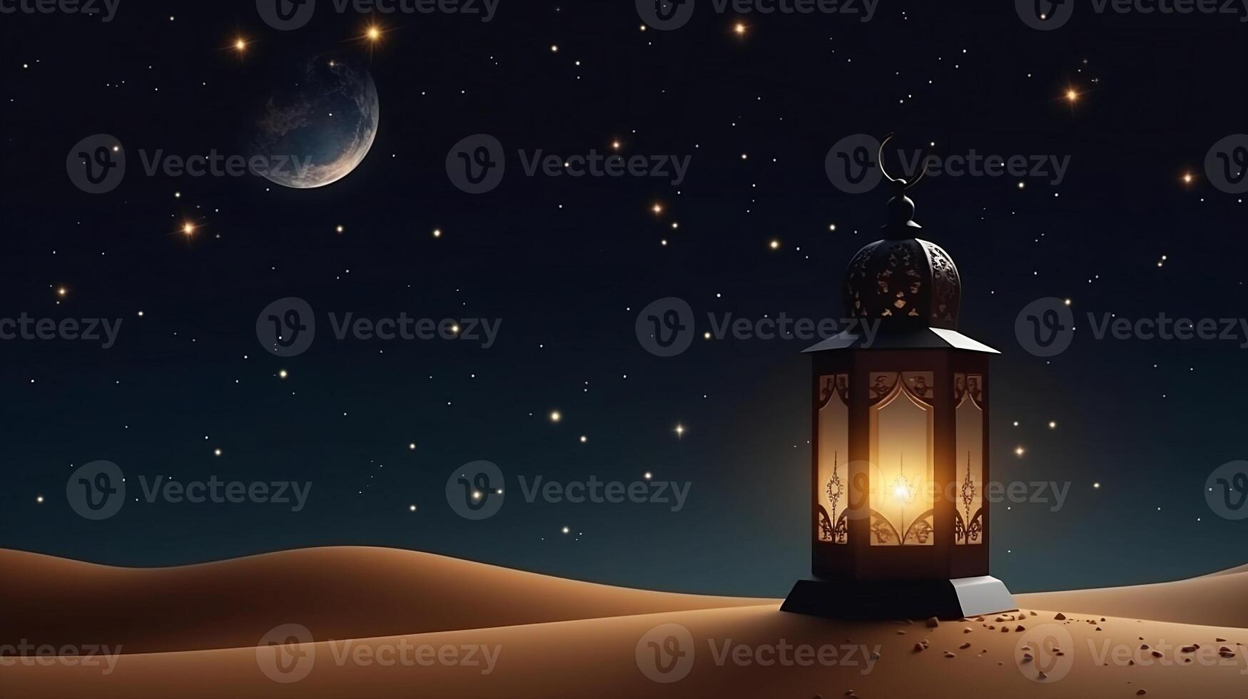 Lanterns stands in the desert. Ramadan kareem night lantern. photo