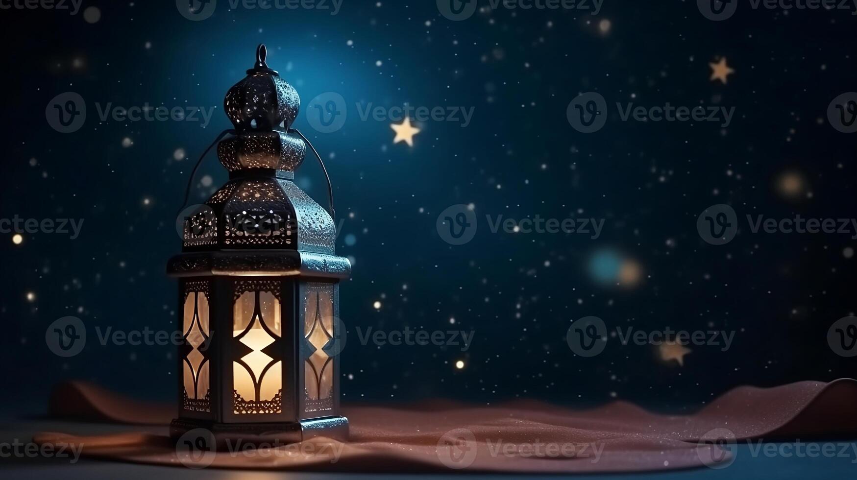 Lanterns stands in the desert. Ramadan kareem night lantern. photo
