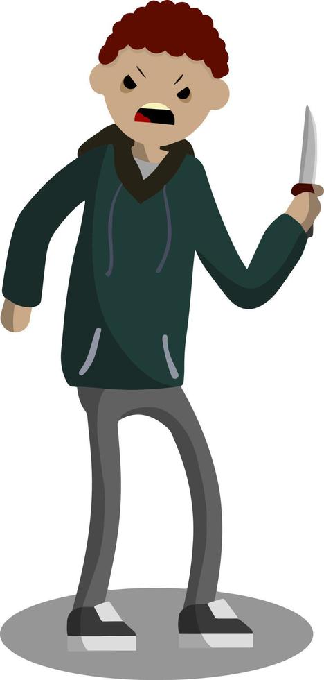 Angry young man with a knife. The Street Crime. A criminal guy offender. A robber is a thief in a hoodie. Urban security problem - Cartoon flat illustration vector