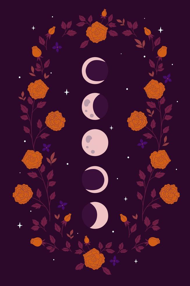 Moon phases and flowers on a purple background. Vector graphics.