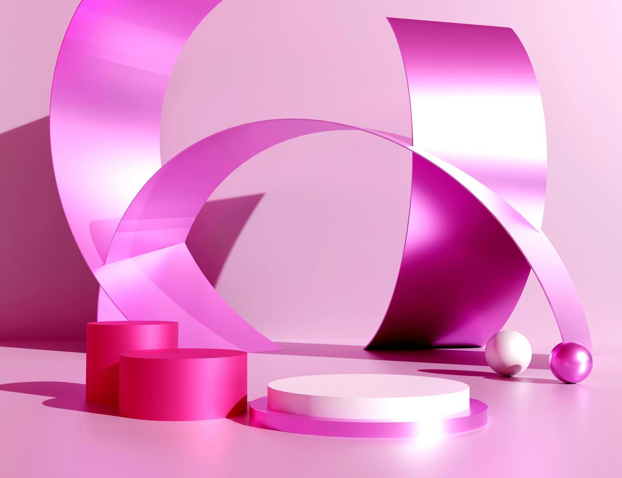 Abstract fuchsia pink podium with swirly ribbons. Stand to show products. Stage showcase with colorful scene for presentation. Cosmetic and skin care pedestal display. 3D rendering. photo