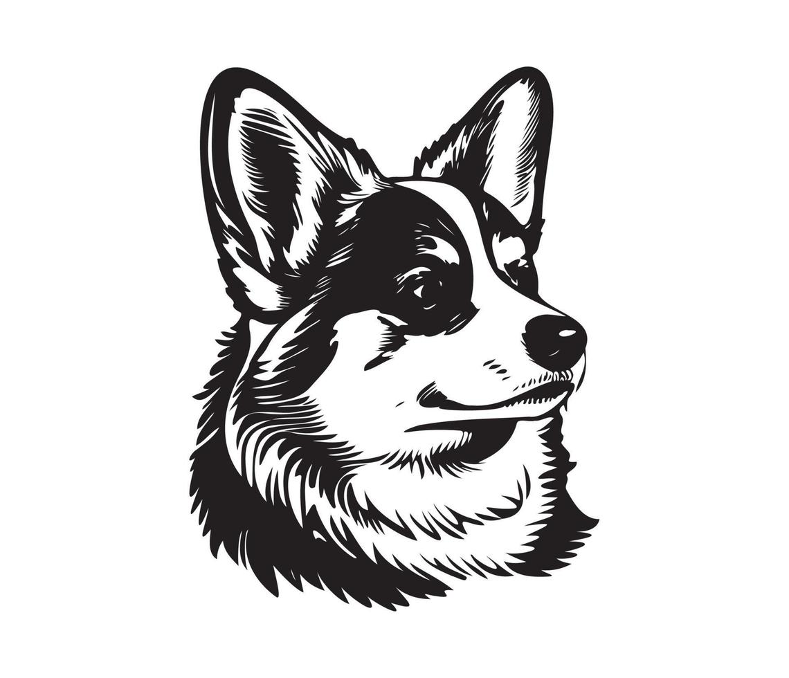 Pembroke Welsh Corgi Face, Silhouette Dog Face, black and white Pembroke Welsh Corgi vector