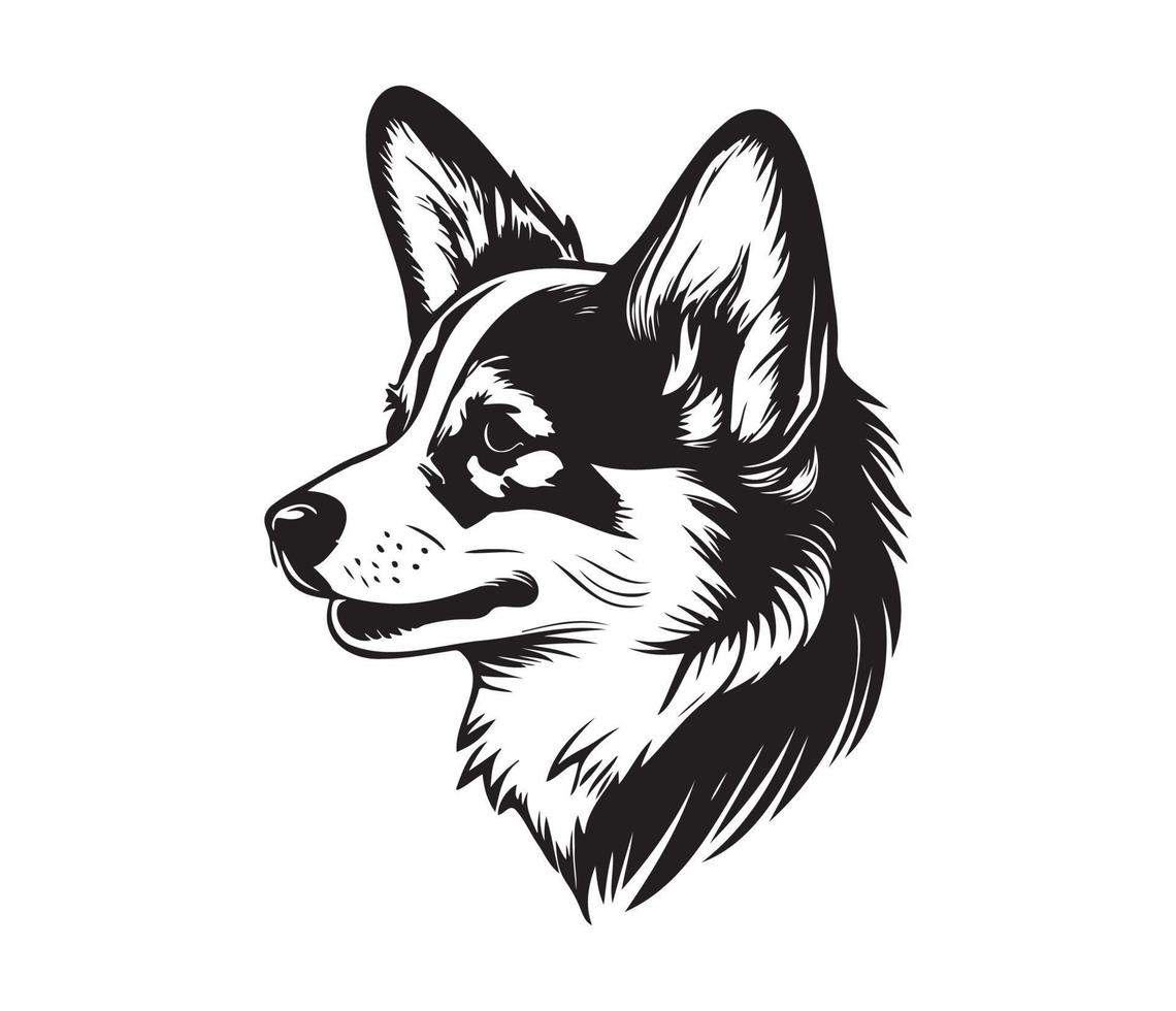 Pembroke Welsh Corgi Face, Silhouette Dog Face, black and white Pembroke Welsh Corgi vector