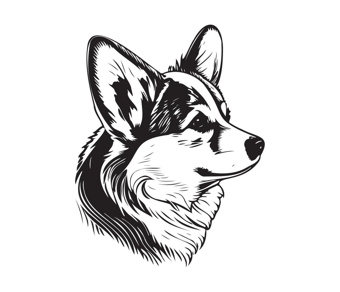 Pembroke Welsh Corgi Face, Silhouette Dog Face, black and white Pembroke Welsh Corgi vector