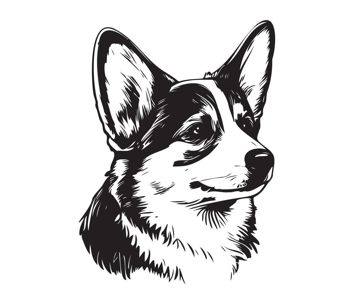 Pembroke Welsh Corgi Face, Silhouette Dog Face, black and white Pembroke Welsh Corgi vector