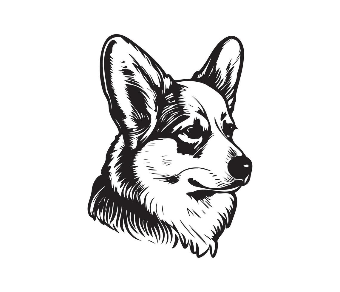 Pembroke Welsh Corgi Face, Silhouette Dog Face, black and white Pembroke Welsh Corgi vector