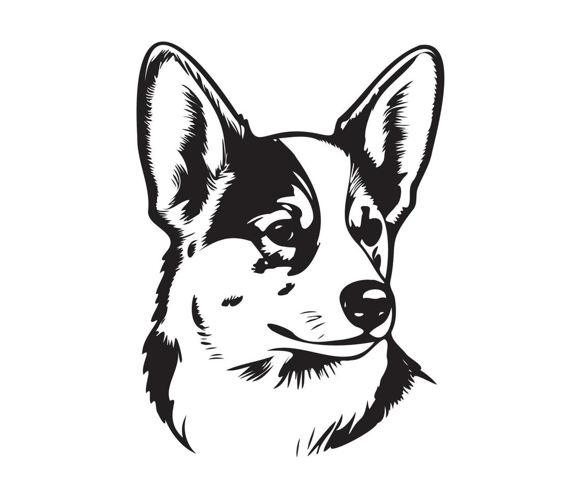 Pembroke Welsh Corgi Face, Silhouette Dog Face, black and white Pembroke Welsh Corgi vector