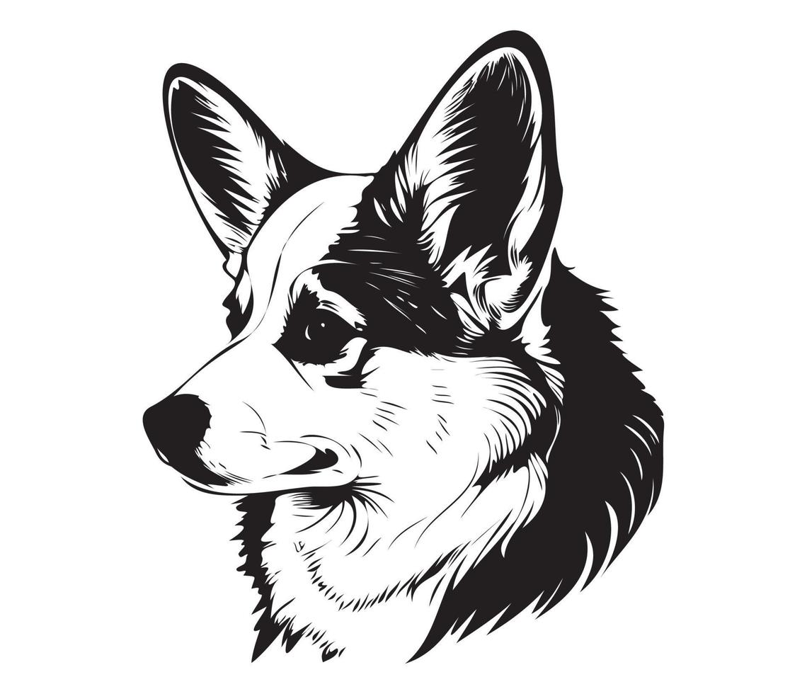 Pembroke Welsh Corgi Face, Silhouette Dog Face, black and white Pembroke Welsh Corgi vector