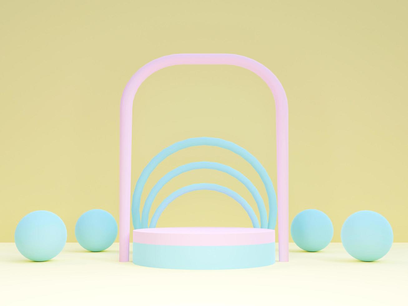 Pastel pink and blue podium with spherical objects on yellow background. Stand to show products. Stage showcase for presentation. Pedestal display. 3D rendering. Studio platform template. photo