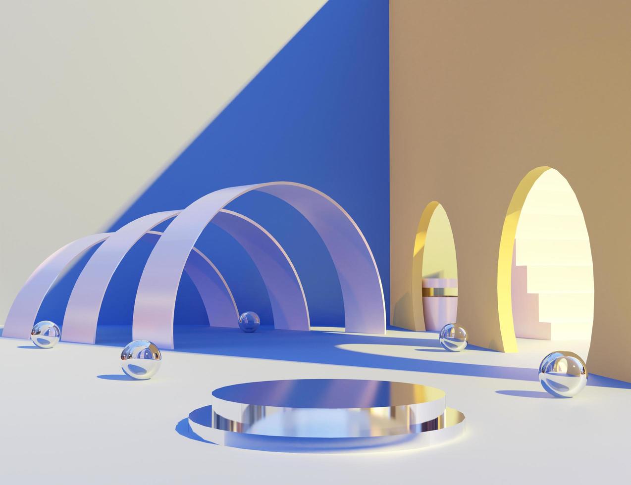 Metallic podium with glass balls and abstract art walls. Stand to show products with light and shadow. Stage showcase with minimal modern scene for presentation. Pedestal display. 3D rendering. photo